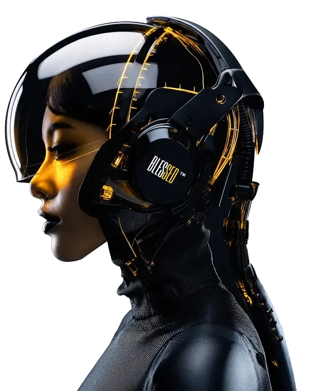 BLESSED cyber mascot wearing futuristic headphones